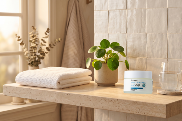 Pro-Retinol for beginners night skincare on a clean bathroom shelf