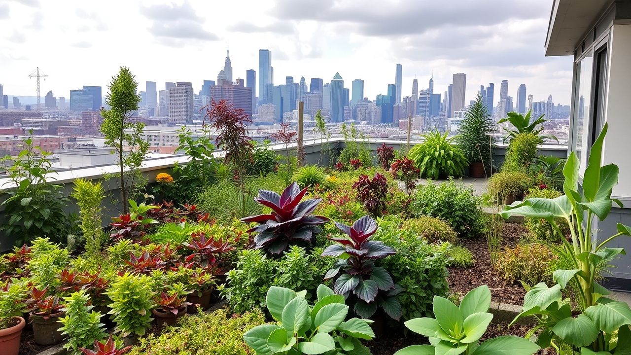 Rooftop garden with plants and city skyline