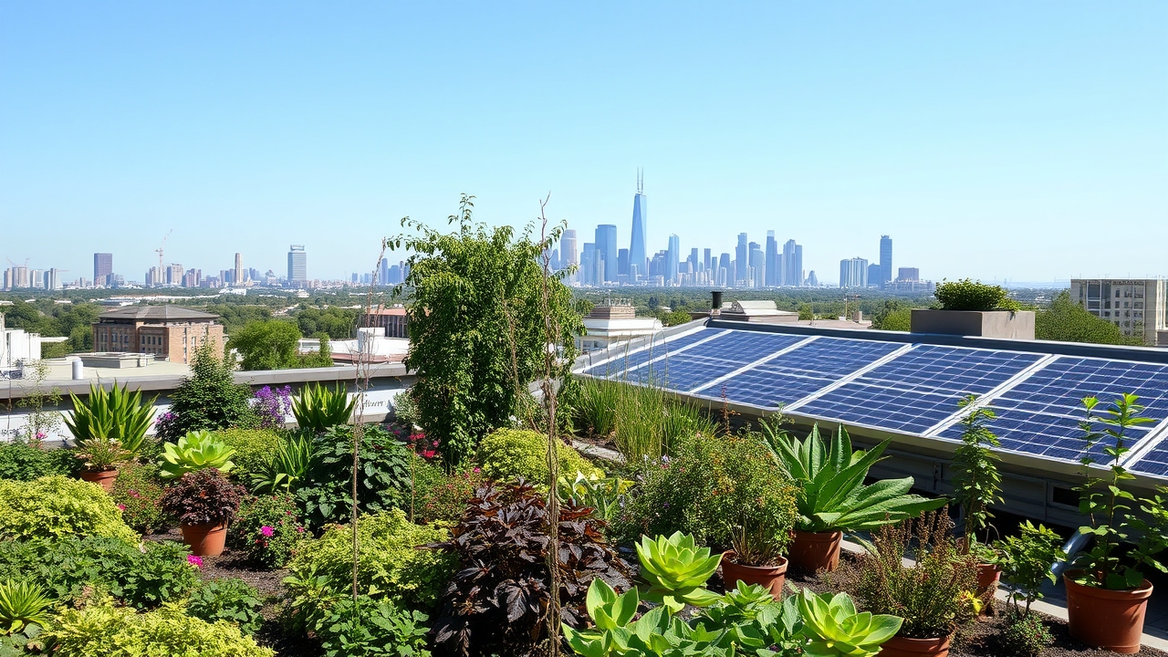 Rooftop garden with diverse plants and solar panels