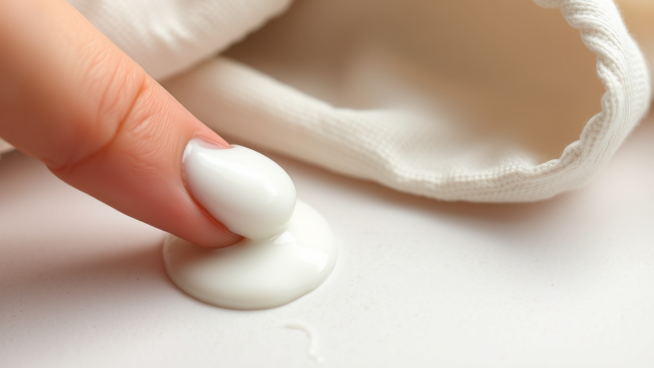 Applying a small amount of cream to avoid retinol irritation.